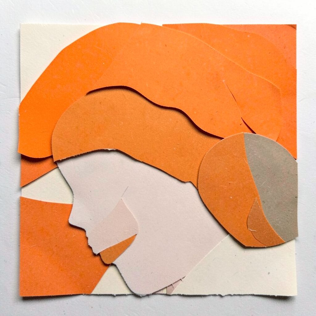 Paper cut-out collage in warm taupe and olive tones suggesting a bare brow before treatment