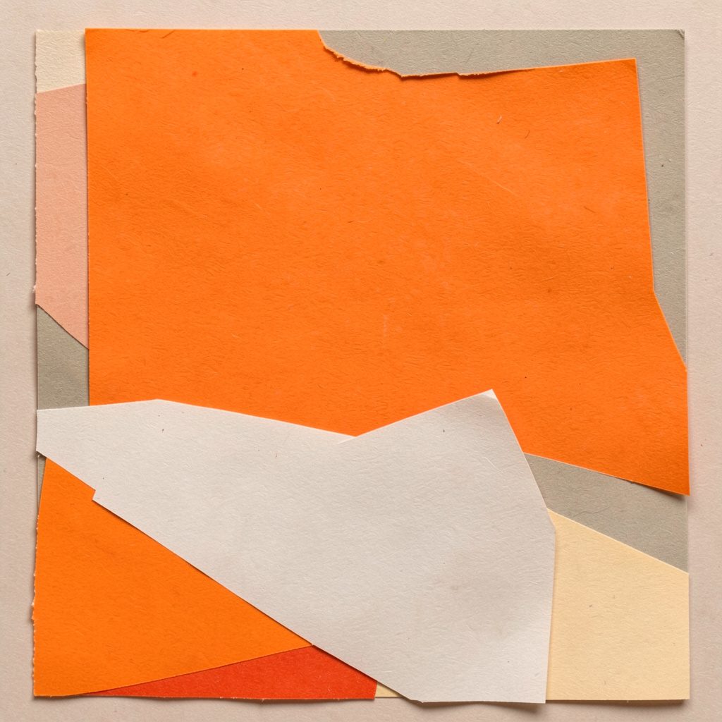Layered paper cut-out collage of a salon scene in warm beige and olive tones, with abstract shapes suggesting a styling chair and mirror