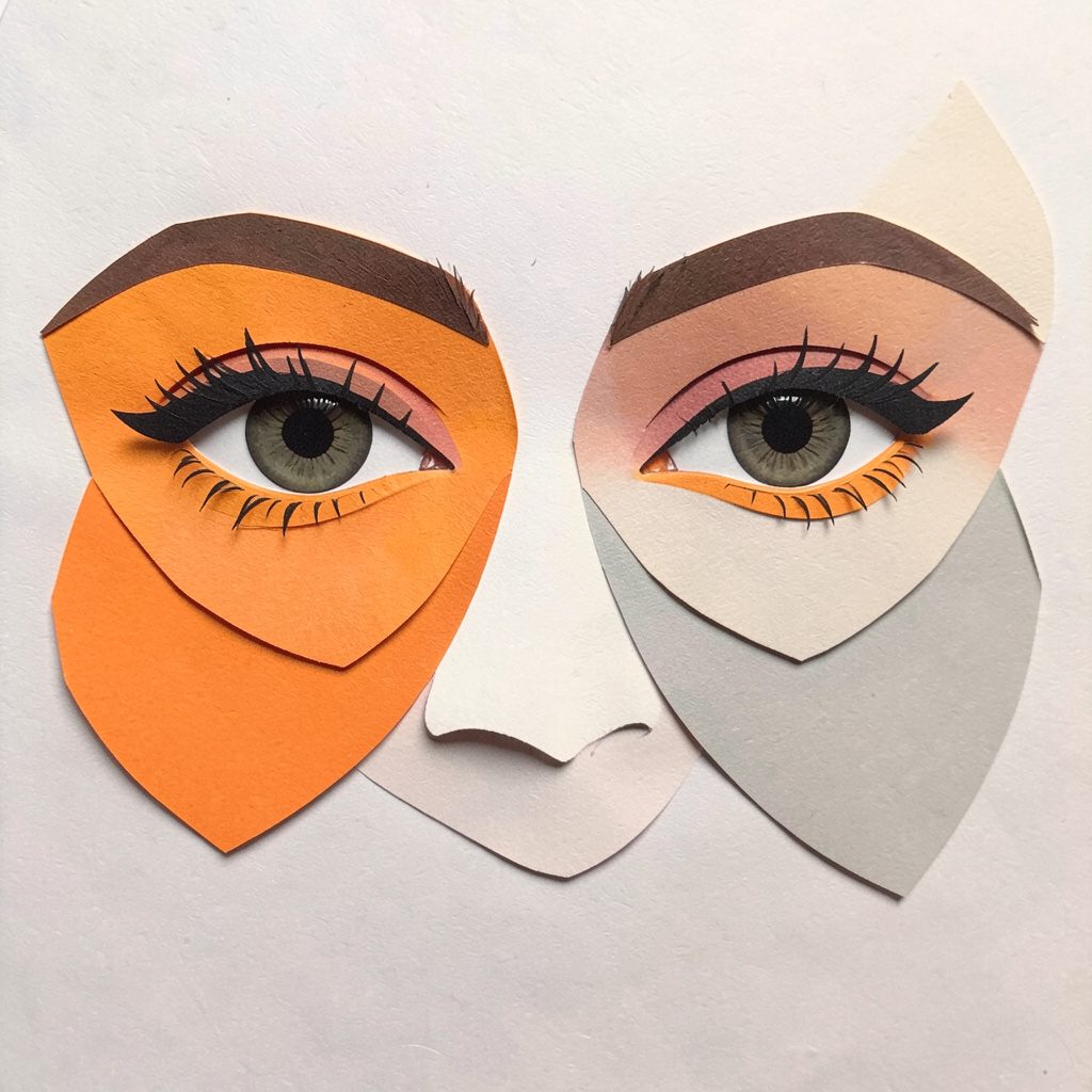Layered paper cut-out collage of soft taupe and olive shapes evoking a calm beauty studio mood